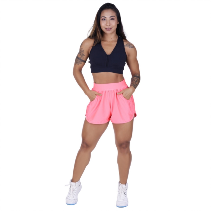 Short fitness feminino curto com bolsos cós alto e elástico