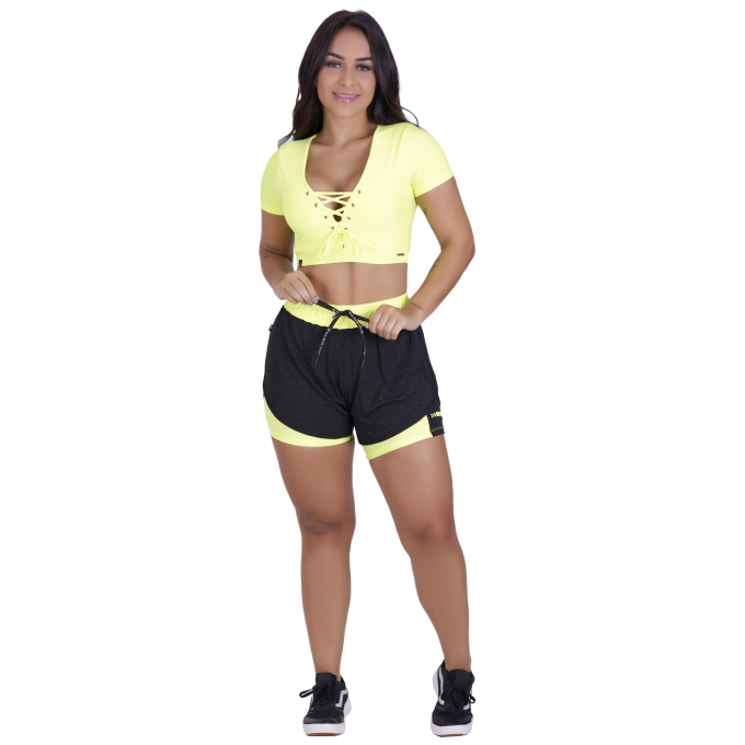 Conjunto Fitness Short Viscose Short interno e Cropped Bojo