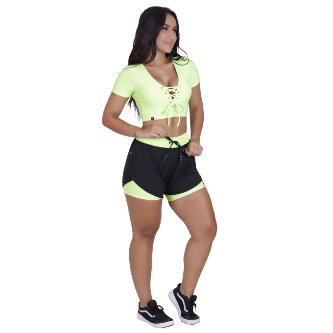 Conjunto Fitness Short Viscose Short interno e Cropped Bojo