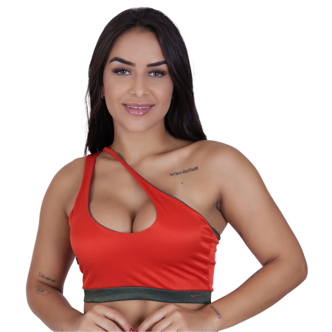 Top Fitness Feminino Um Ombro Poliamida Fio Brilho Acetinado Bojo