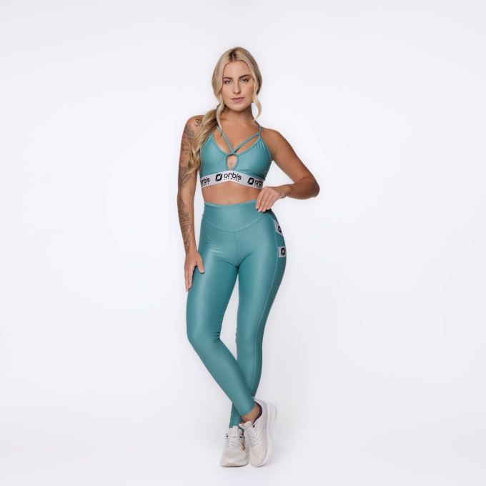 Conjunto Fitness Calça Legging Bolso E Top Tiras Bojo Poliamida