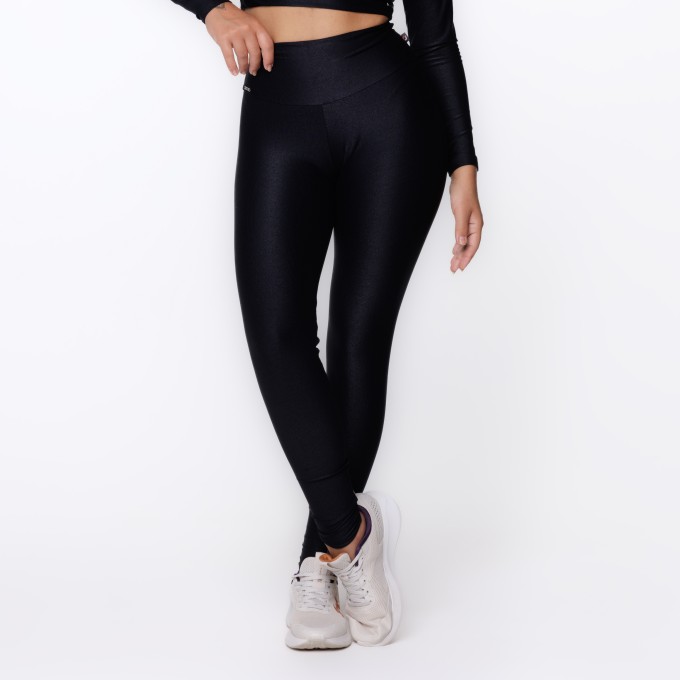 Calça Legging Fitness Cintura Alta Poliamida Brilho Laminado