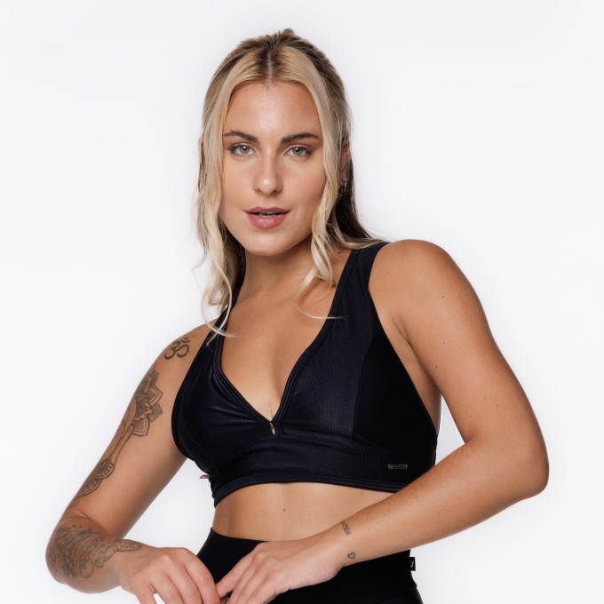 Top Fitness Feminino Tiras Costas Bojo Poliamida Brilho Laminado