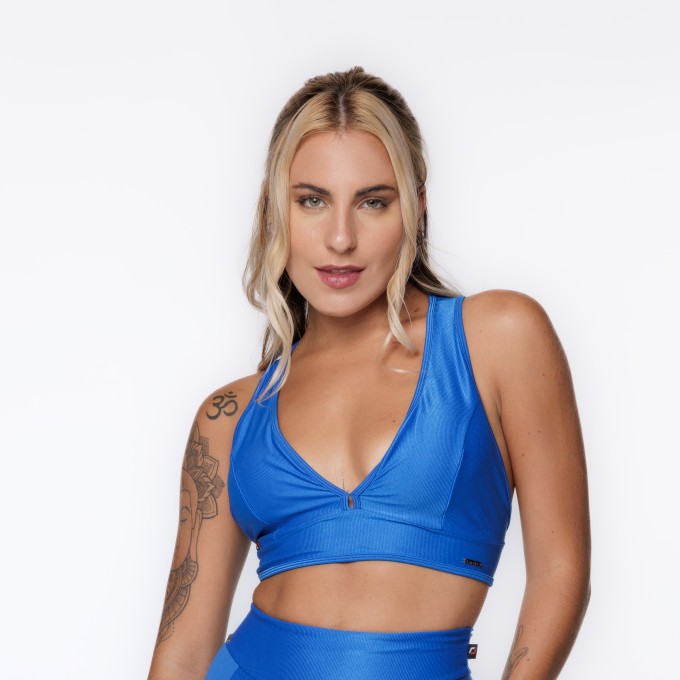 Top Fitness Feminino Tiras Costas Bojo Poliamida Brilho Laminado