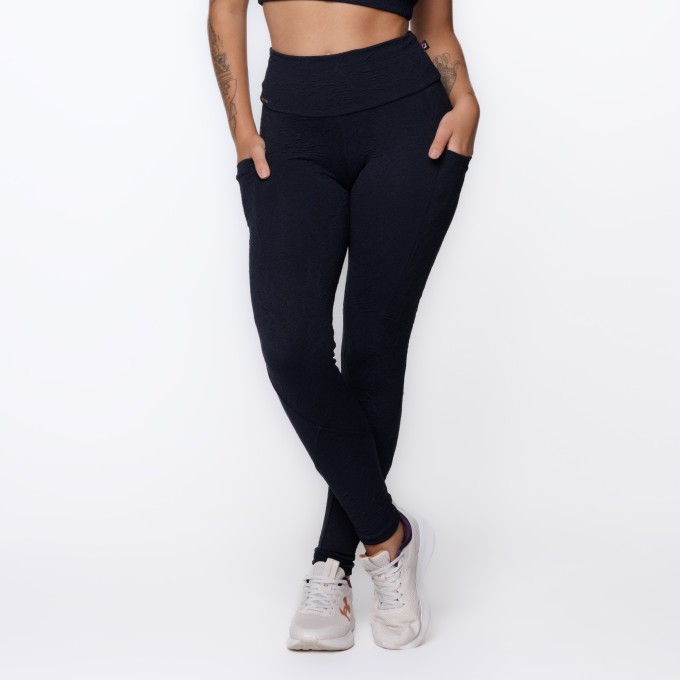 Calça Legging Fitness Feminina Bolso Lateral Jacquard Poliamida