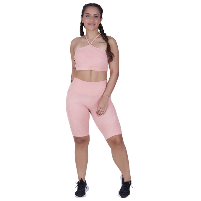 Conjunto Fitness Bermuda Bolso e Top Bojo Textura Relevo