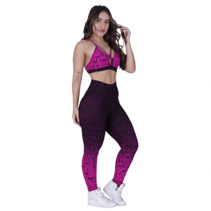 Conjunto fitness feminino calça legging + top tiras poliamida
