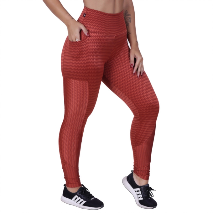 Calça Legging Fitness Com Bolso Cirrê Textura Brilho O