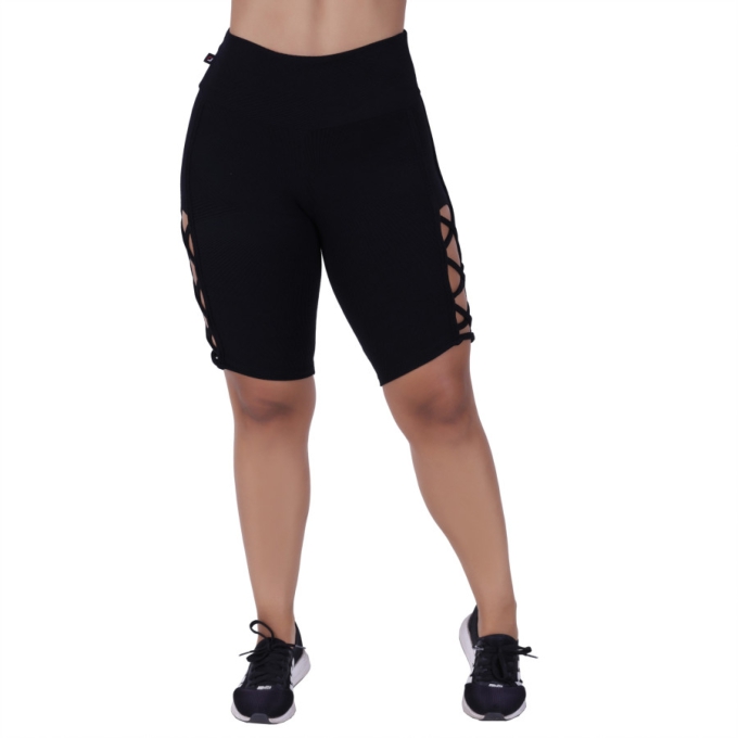 Bermuda Fitness Feminina Tiras Lateral Cós Alto Jacquar Orbis