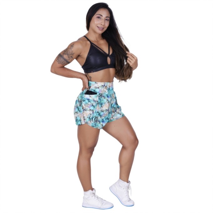 Short de corrida feminino soltinho estampado bolso poliamida