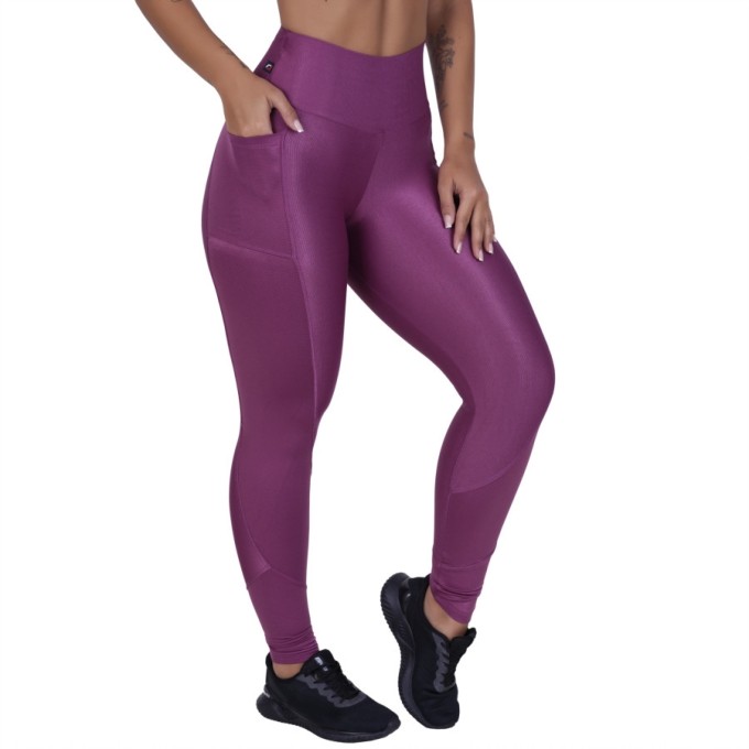 Legging Fitness Fusô Bolsos Laterais Efeito Brilho Suav