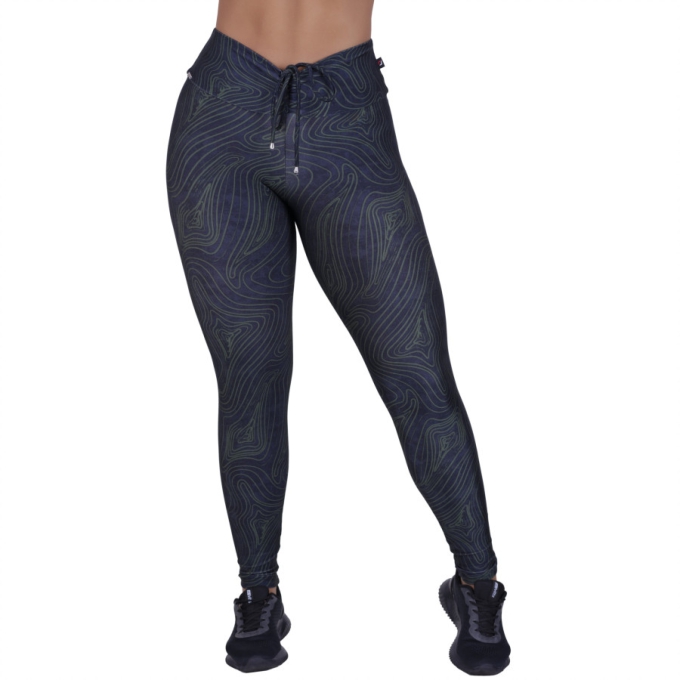 Calça legging fitness cirrê estampado cós alto cadarço franzido