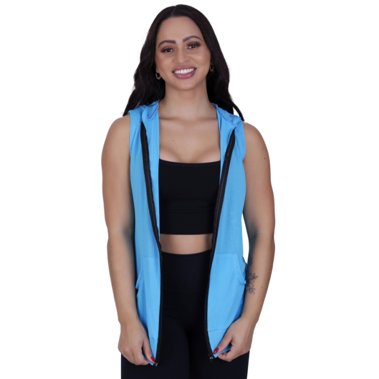 Colete feminino fitness dry bolso e capuz com zíper