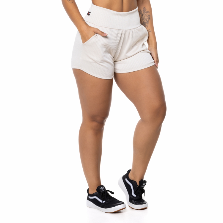 Short Fitness Feminino Poliamida Cirrê Canelado Cós Alto