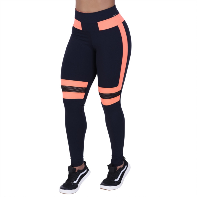 Calça Legging Feminina Poliamida com Recortes em Neon e Tela