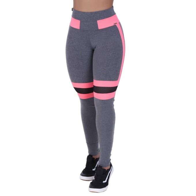 Calça Legging Feminina Poliamida com Recortes em Neon e Tela