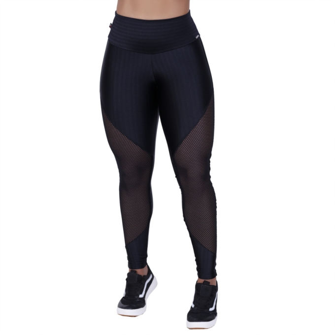 Calça Legging Fitness Cirrê 3D Recortes Tela Cós Alto