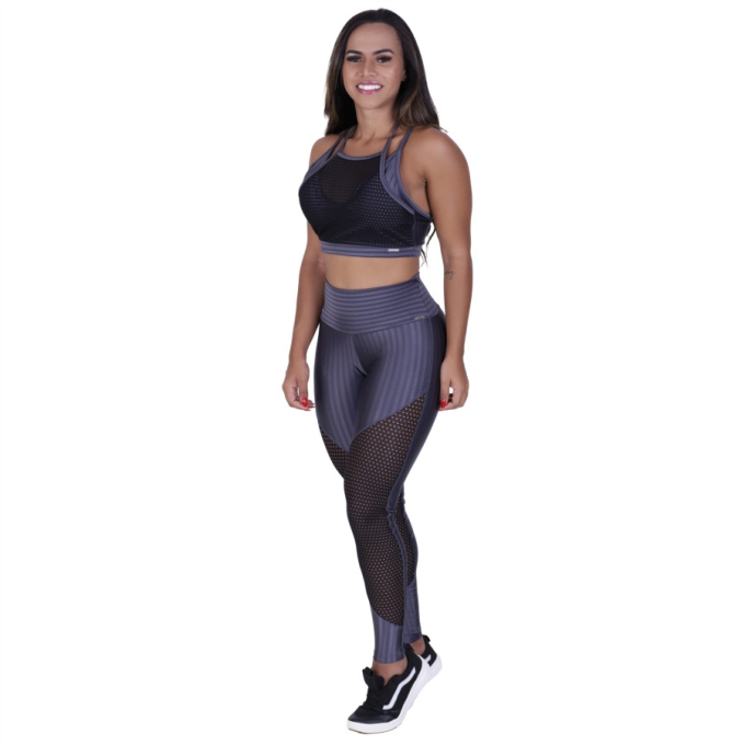 Conjunto Fitness Legging Recortes Tela + Top Frente Úni