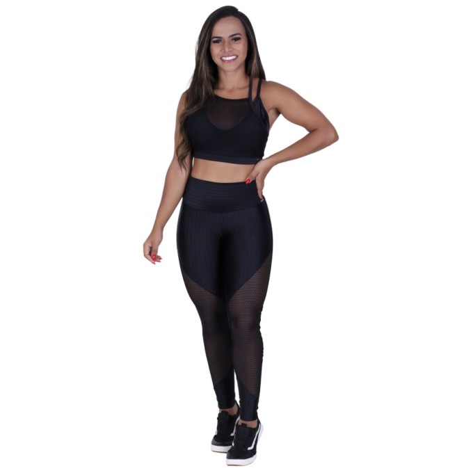 Conjunto Fitness Legging Recortes Tela + Top Frente Úni