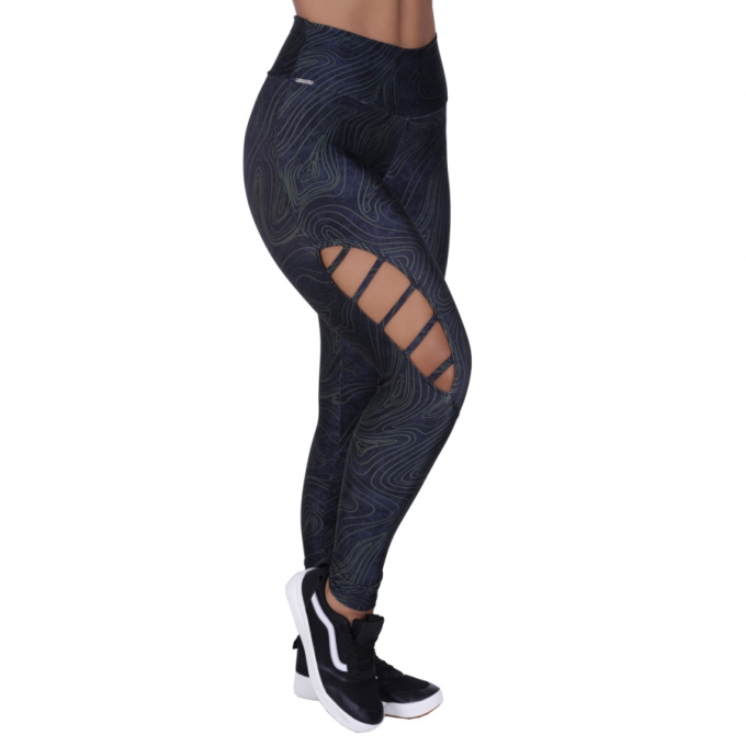 Calça Legging Feminina Cirrê Estampado Detalhe Perna Poliamida