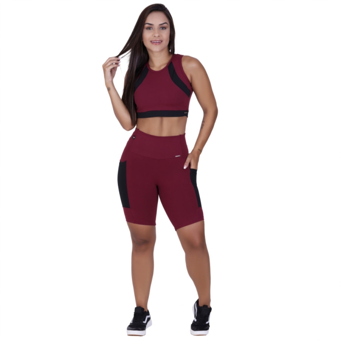 CONJUNTO FITNESS BERMUDA BOLSO E CROPPED BOJO ALTA COMPRESSÃO OR