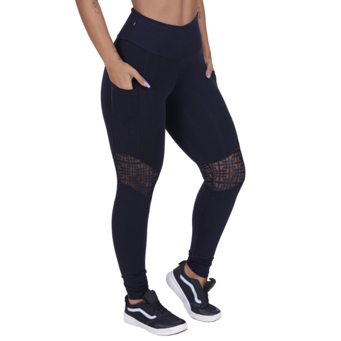 Calça Legging Feminina Suplex Poliamida Detalhe em Tela e Bolso